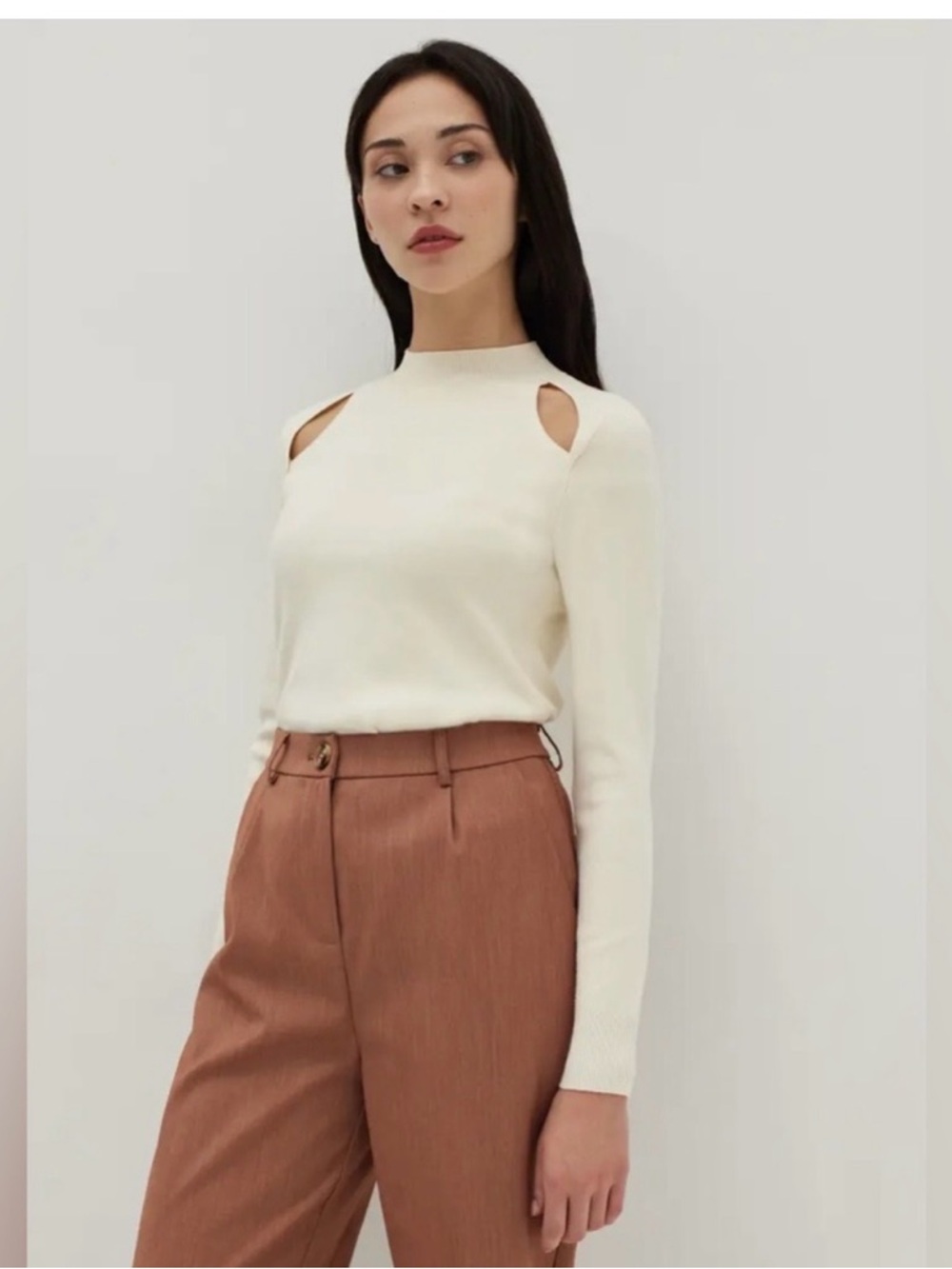 The Fifth Label Cream Ribbed Crew Neck Long Sleeve Top